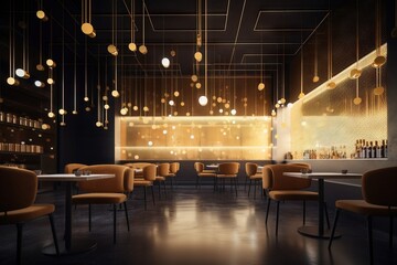 Canvas Print -  a dimly lit restaurant with chairs and a bar in the background with lights hanging from the ceiling and hanging from the ceiling, with a bar in the middle of the middle.  generative ai