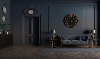  a living room with a couch and a clock on the wall above the door and a table with two lamps on it and a rug on the floor.  generative ai