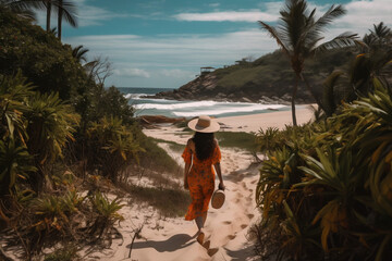 Wall Mural - Woman walking towards the beach. Generative AI