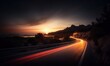  a long exposure photo of a highway at night with the sun setting in the distance and a mountain in the distance with a light streaking on the road. generative ai