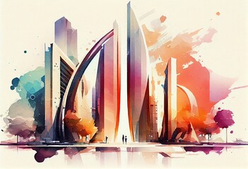 Wall Mural - Watercolor Illustration of a Beautiful City Buildings Design, Futuristic City, Flat Style Design Illustration. Generative AI