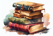 Watercolor Illustration Of A Stack Of Old Antique Books. Generative AI