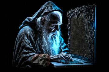 Wall Mural - old fictional wizard using a laptop computer