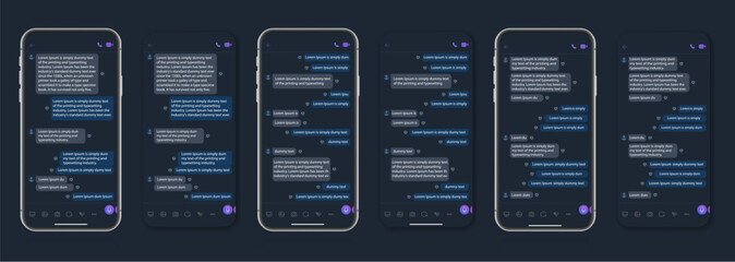 Mobile interface of the messenger kit. Chat app template. Social network concept. Mockup on a black background.