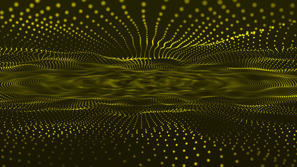 Aufkleber - Abstract yellow background 3D wave lines flowing particles smooth curve shape dots blended mesh technology futuristic concept. Abstract trapcode form digital particle wave and lights background.