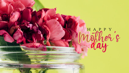 Poster - Happy mothers day roses closeup with yellow green background for holiday greeting celebration.
