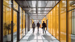 Modern Yellow Office Hallway, People Walking