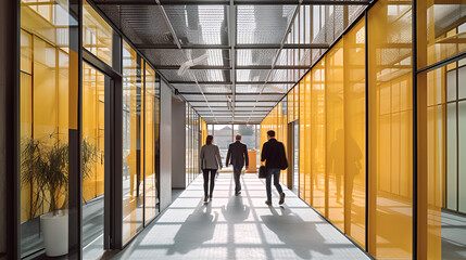 modern yellow office hallway, people walking