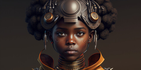 Portrait of a young African girl in futuristic costume, generative art