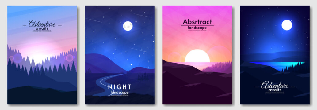 vector illustration. landscapes set. flat style. sunset and sunrise. night with river. design for, c