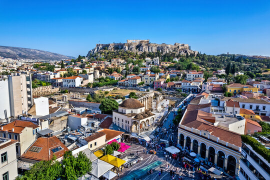 partial, aerial view of the historical center of athens, greece. from front to back you can see, mon