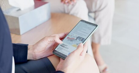Poster - Phone screen, website and hands scroll or people with clients review, about us and digital marketing services. Web design, information and faq page of business person on cellphone or user mobile app