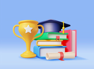 Wall Mural - 3D Gold Trophy, Books Stack and Graduation Cap Isolated. Render Golden Cup and Education Hat. Diploma or Accreditation. Goal and Achievement. Business Graduation Concept. Vector Illustration