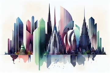 Sticker - Watercolor Illustration of a Beautiful City Buildings Design, Futuristic City, Flat Style Design Illustration. Generative AI