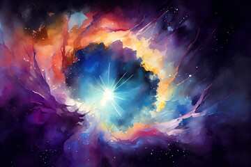 Wall Mural - watercolor illustration of a birth of a star in space during a nebula explosion. nuclear fusion of c