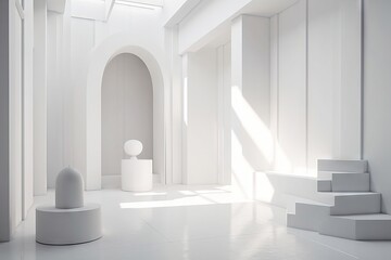 Canvas Print -  a white room with a staircase and a sculpture in the middle of the room with a skylight on the ceiling and a window on the wall.  generative ai