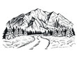 Road in the mountains with forest, landscape sketch. Black and white vector illustration.