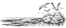 Sea Landscape With Water Waves, Seagulls, And Rocks. Vector Panoramic Illustration. Black And White Beach Sketch.