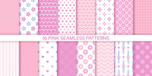 Girly Background. Pink Seamless Pattern. Set Scrapbook Textures. Baby Girl Print With Flowers, Zigzag, Polka Dot, Heart And Plaid. Cute Pastel Packing Paper For Scrap Design. Color Vector Illustration