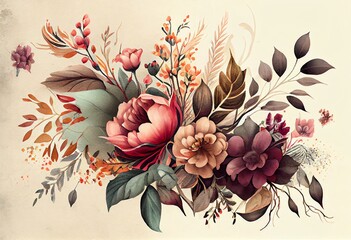 Wall Mural - Watercolor Illustration of a Beautiful Fantasy Vintage Wallpaper Different Botanical Flower Bunch,Vintage Motif For Floral Print Digital Background. Generative AI