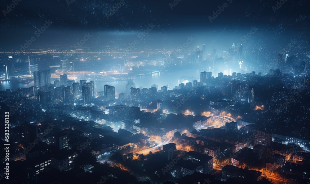 an aerial view of a city at night with a lot of lights on the buildings ...