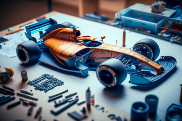 Wall Mural - formula 1 car under construction on blueprints, building projects concept, generative ai