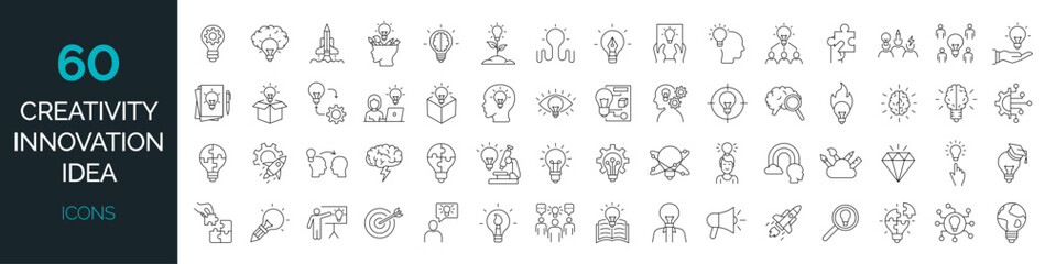 set of 60 line icons related to creativity, idea, innovation, teamwork, invention. outline icon coll