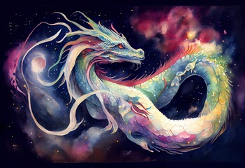 Wall Mural - watercolor illustration of a mesmerizing cosmos dragon with universe and colorful galaxies inside it