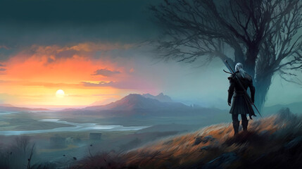 A silhouette of a man standing in front of a breathtaking landscape on a sunset, generative ai