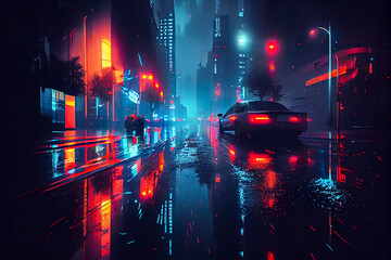 futuristic rainy street landscape. Generative AI, Generative, AI