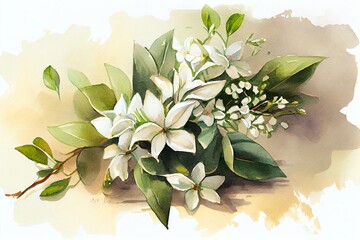 Canvas Print - Watercolor Illustration of a White Flower Jasmine Bouquet Blooming Wrapped Loved, Comfort Peace, Romance. Generative AI