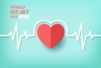 World Heart Day concept with heartbeat line, paper art style illustration