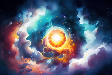 Wall Mural - watercolor illustration of a birth of a star in space during a nebula explosion. nuclear fusion of c