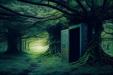 Poster - green data center integrated into the forest. Generative AI, Generative, AI