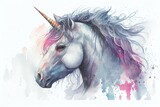 Fototapeta Konie - Watercolor Illustration of a Portrait Of A Cute Beautiful Unicorn, Fantasy Background, Illustration. Generative AI