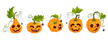 Set Of Funny Autumn Pumpkin Characters With Cobwebs And Spiders.Cartoon Vector Graphics.