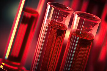 glass test tubes with thick red liquid with red background. scientific theme, petroleum products tes