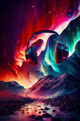 Poster - Pair of headphones floating in the air over colorful mountain landscape. Generative AI.