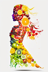 Wall Mural - Woman's profile made up of fruits and vegetables, including oranges, kiwis, lemons, and watermelon. Generative AI.