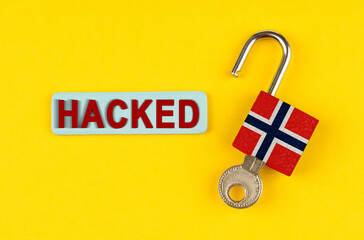 Poster - On the yellow surface is an open lock with a key and a sticker with the inscription - hacked