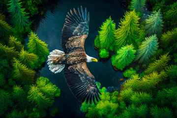 Sticker - Bald eagle flying over lush green forest filled with lots of trees. Generative AI.