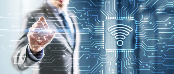 Wall Mural - man clicks on the logo wireless internet connection communication mobile technology concept