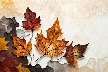 autumn fallen maple leaves on white marble background with empty space for text.