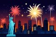 Statue Of Liberty And Fireworks In City On Independence Day In United States Illustration