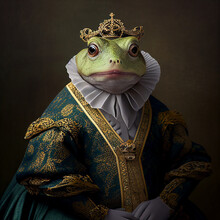 Realistic Lifelike Glam Frog Toad In Baroque Noble Regal 18th Century Victorian Period, Commercial, Editorial Advertisement, Surreal Surrealism

