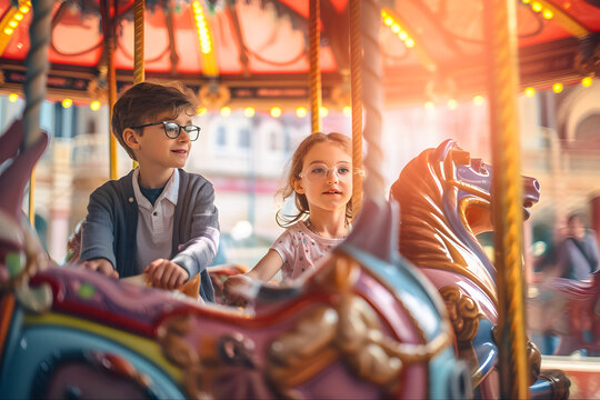 happy boy and girl riding horses in an amusement park ride a carousel in summer, vintage classic hor