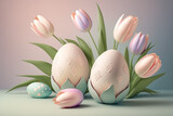 Fototapeta Dinusie - 3D Easter colorful eggs with spring flowers on pastel background. Greeting card, banner design. Generated AI