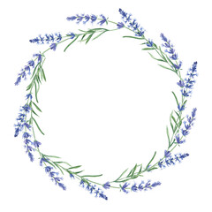  Watercolor lavender branches wreath, round frame isolated on white background. Hand drawn botanical illustration. For wedding invitations, save the date, greeting card, logos, prints.