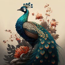 Illustration Of A Beautiful Peacock. Generative AI