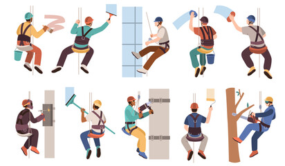 Industrial climbers. Dangerous profession, men work at height with safety ropes, special equipment, skyscraper window wash, alpinist hanging, cartoon flat s characters, tidy vector set